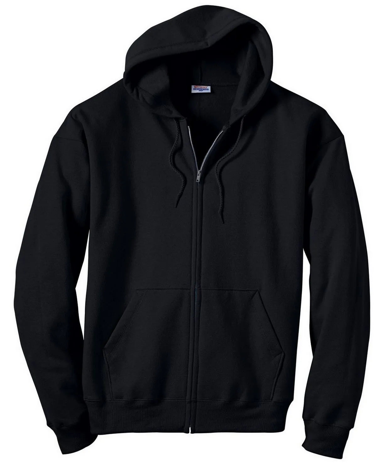 A black full-zip hoodie with a drawstring hood and front kangaroo pockets, shown against a plain white background.