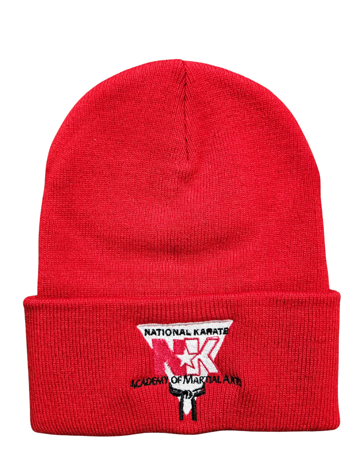 A bright red knit beanie hat with a folded cuff, featuring an embroidered logo for the National Karate Academy of Martial Arts on the front.