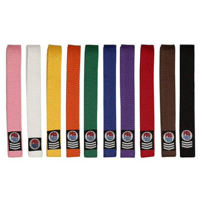Ten martial arts belts in different colors are lined up vertically on a plain white background. The belts include pink, white, yellow, orange, green, blue, purple, red, brown, and black, each with a black and silver ProForce logo patch near the bottom.
